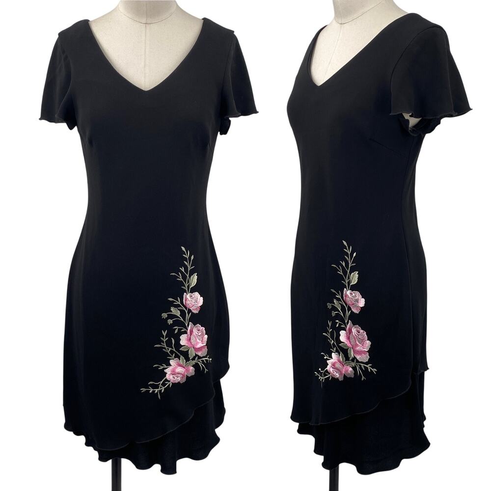 Vintage Y2k Embroidered Floral Mini Dress Chiffon Ruffle Hem Black Pink Rose NEW